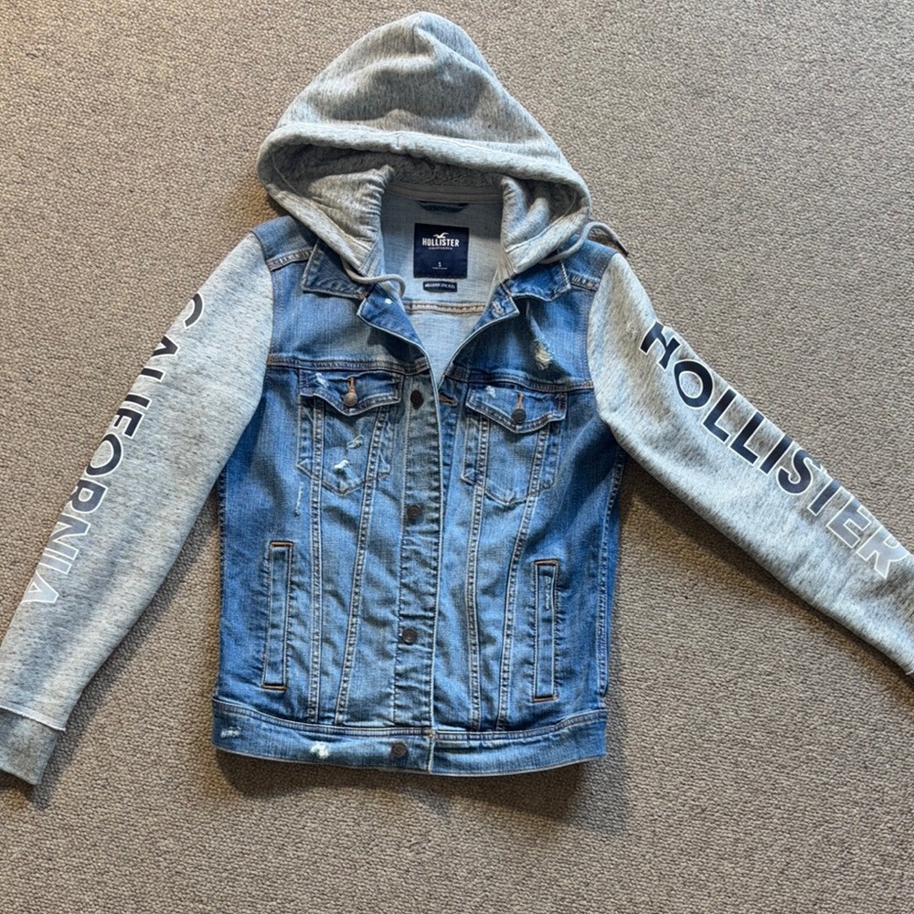 Hollister Blue Denim Jacket with Gray Sleeves